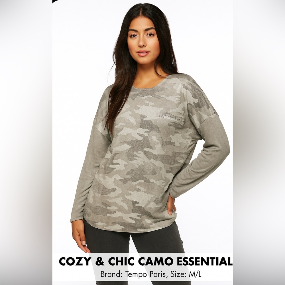 TEMPO PARÍS METALLIC CAMO LONG SLEEVE TOP GRAY SIZE: M / L EFFORTLESS CHIC.
